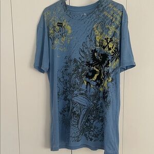Men's Blue Graphic Tee with Yellow Accents